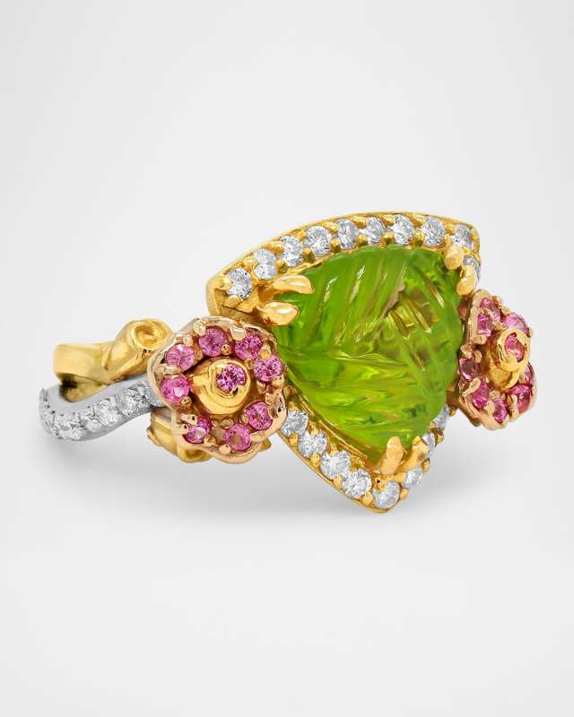 Rose Garden 18K Two Tone Ring with Diamonds, Pink Sapphires and Peridot